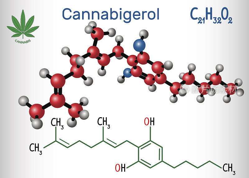 大麻酚(CBG) -结构化学式和分子模型。大麻属植物中的非麻醉性大麻素
